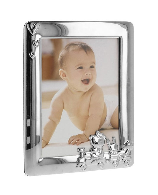 Baby Photo Frame. Silver Teddy Train