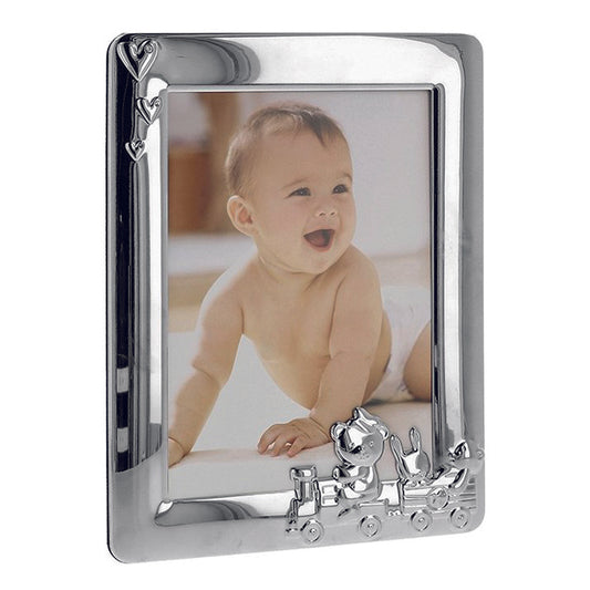 Baby Photo Frame. Silver Teddy Train