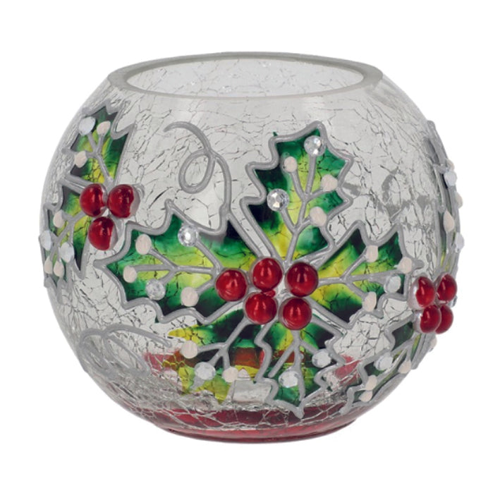 Christmas crackle glazed round glass candle holder decorated with holly. Small