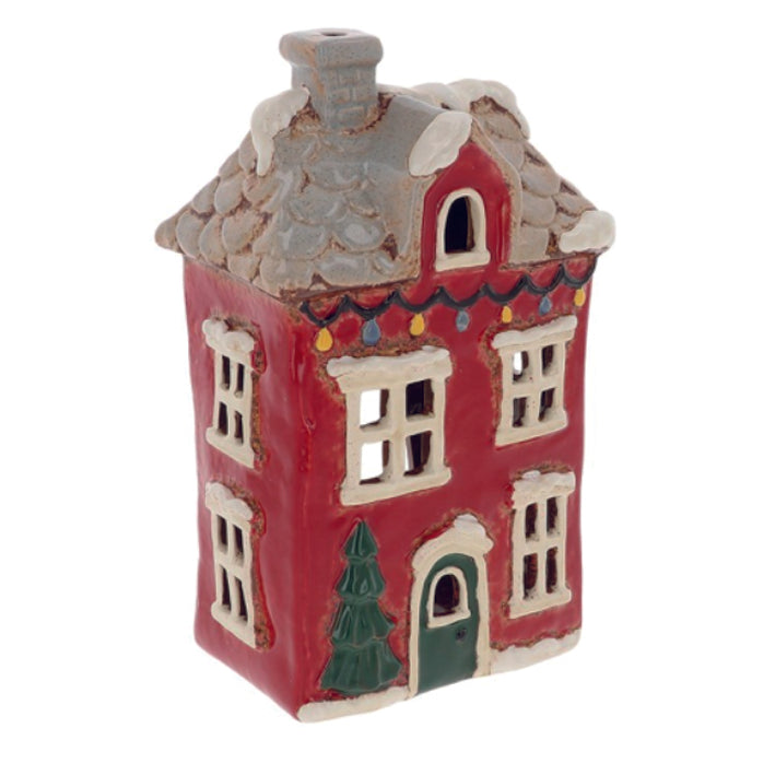 Village Pottery Large Christmas Red House, Tiled Roof, Christmas Tree and Festoon Lights