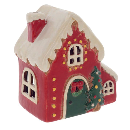 Village Pottery Small Christmas Red House With Fairy Lghts Tealight Holder