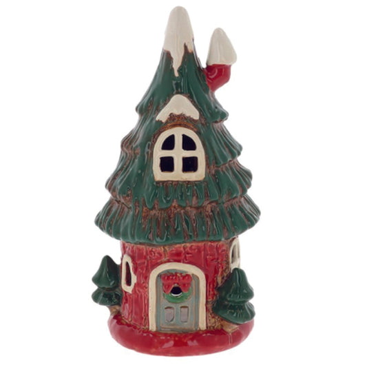 Village Pottery Christmas Red Tree House Tealight Holder