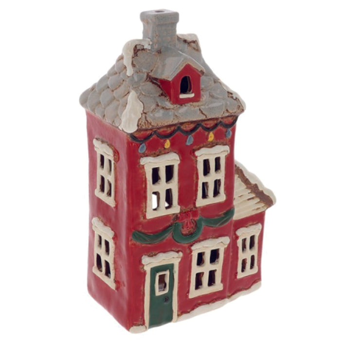 Village Pottery Large Christmas Red House with Wreath and Annex Tealight Holder