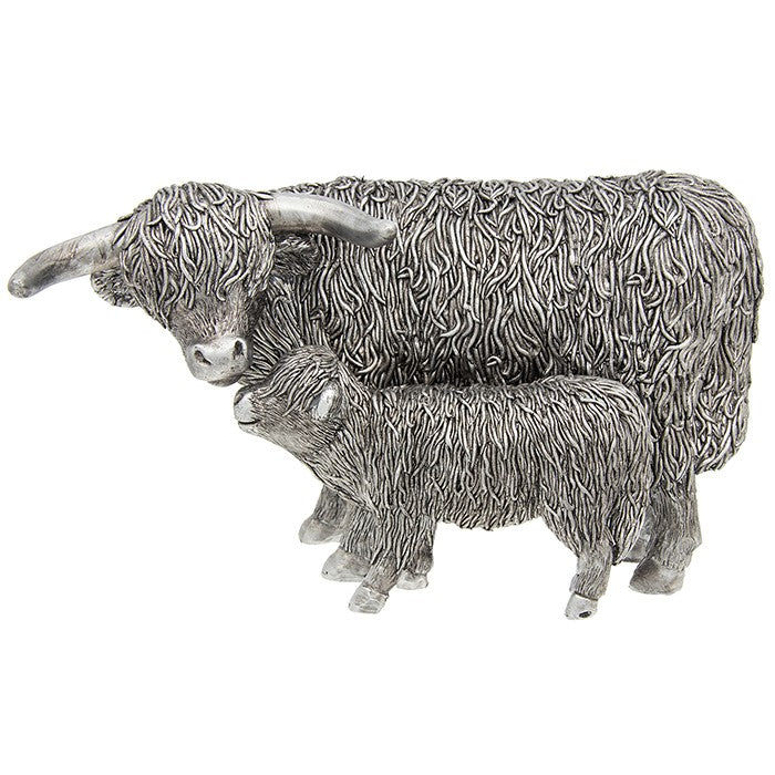 Silver highland cow and calf lg ornament