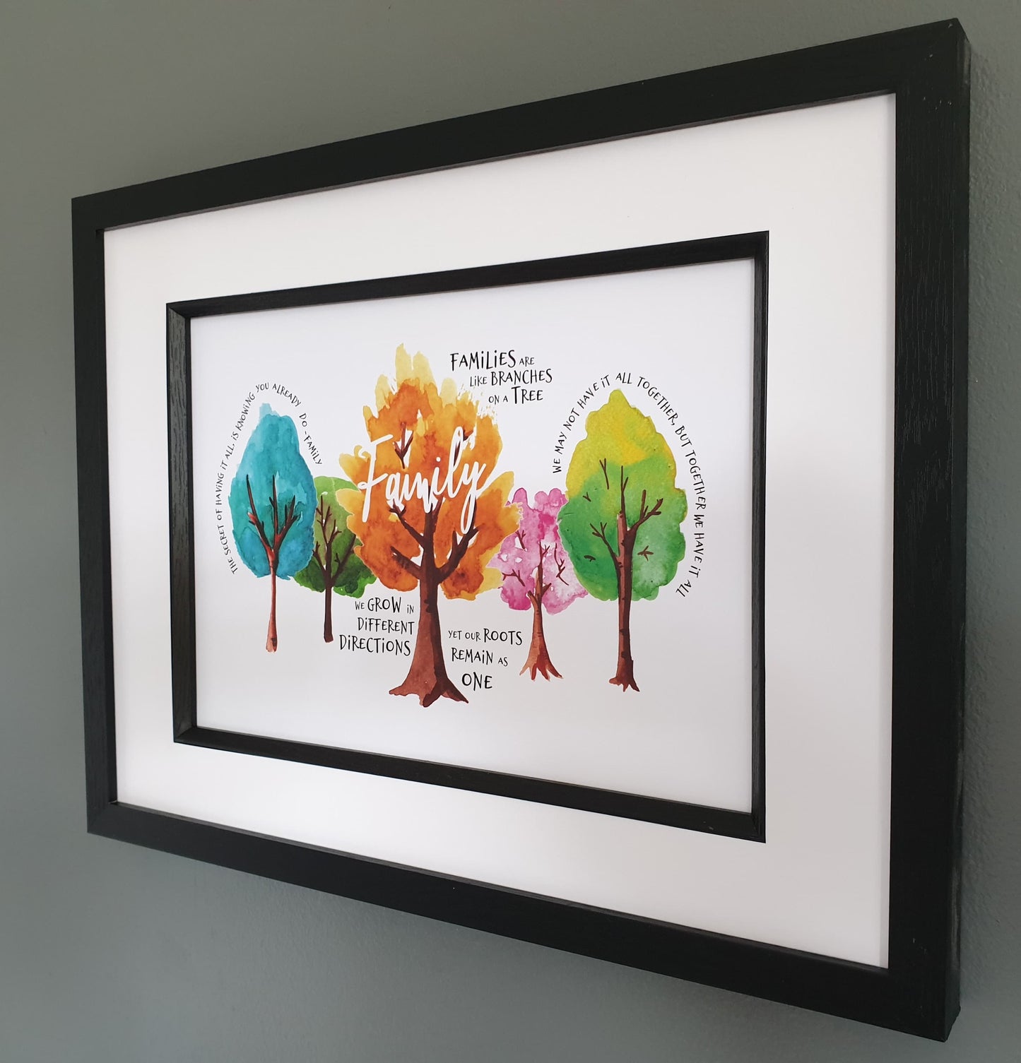 Family quotes in Watercolour Trees.  Framed print