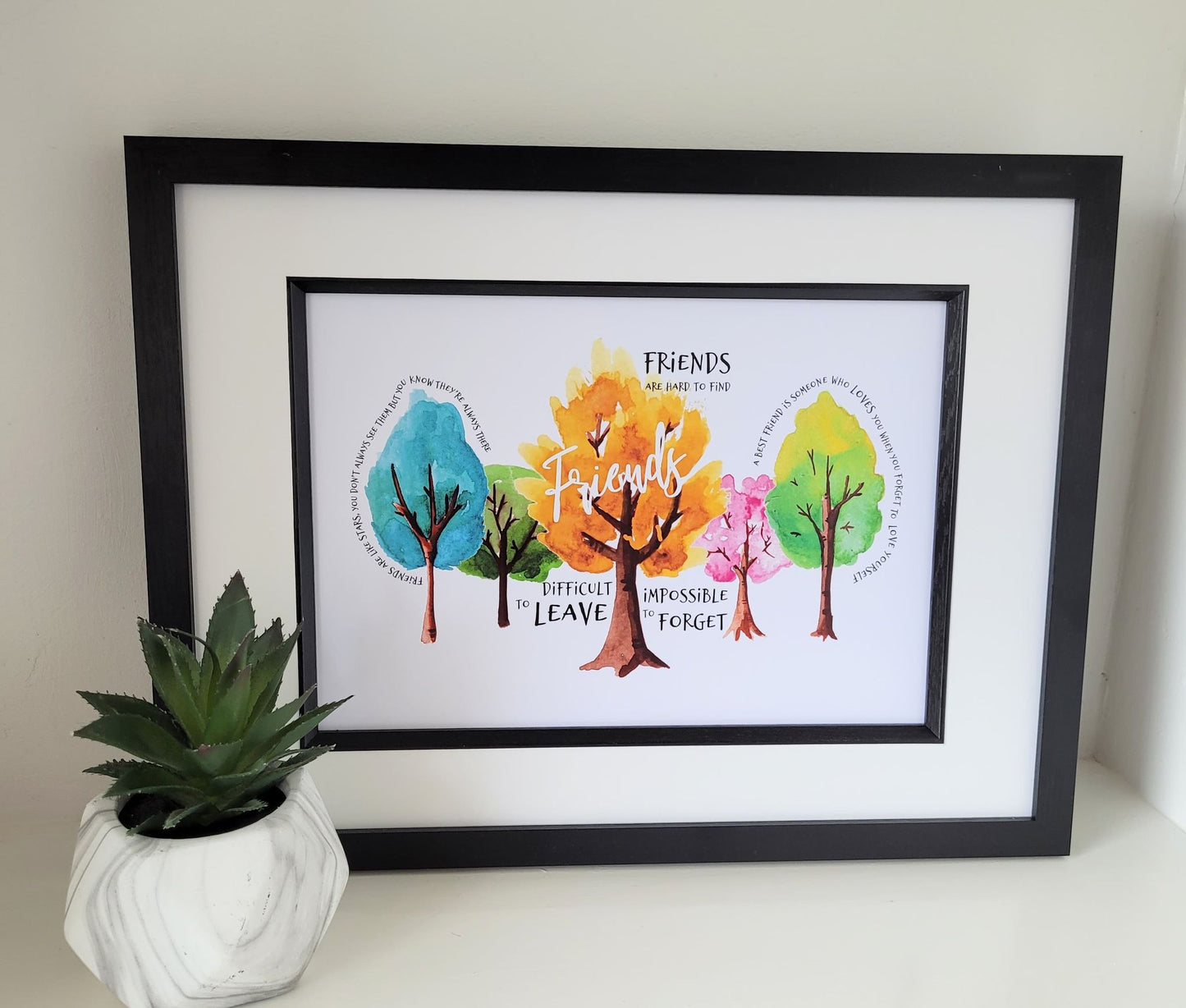 Framed Print.  Friends quotes in Watercolour Trees