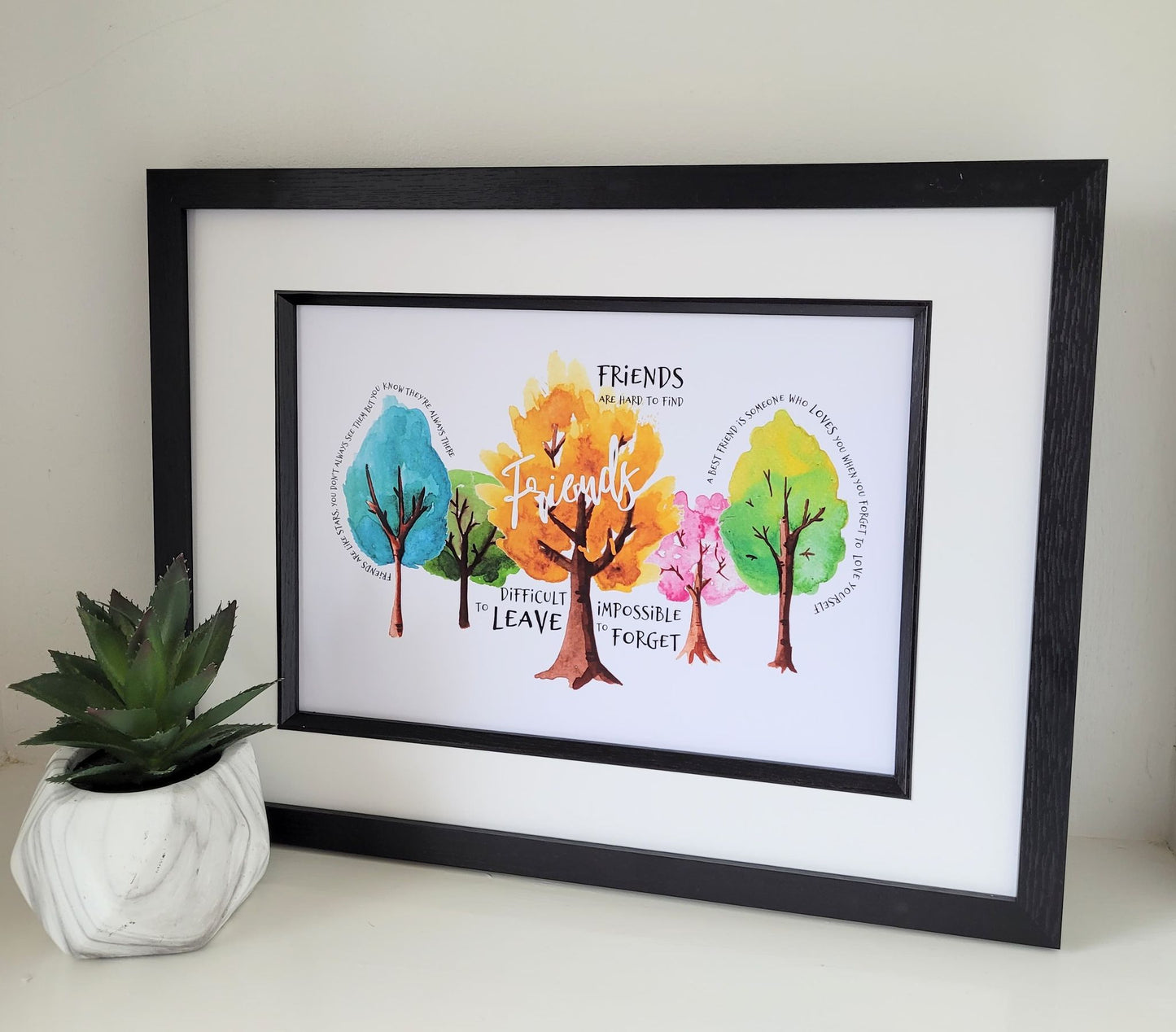 Framed Print.  Friends quotes in Watercolour Trees