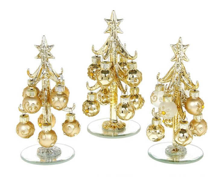 Glass Christmas tree and baubles - gold tree with gold baubles small