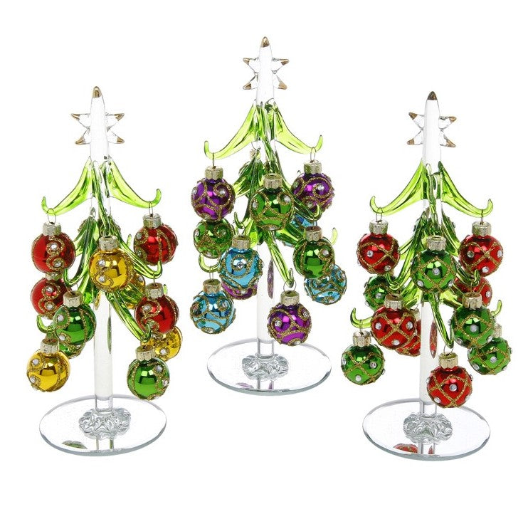 Glass Christmas tree and baubles - green tree with jewelled multi colour baubles large