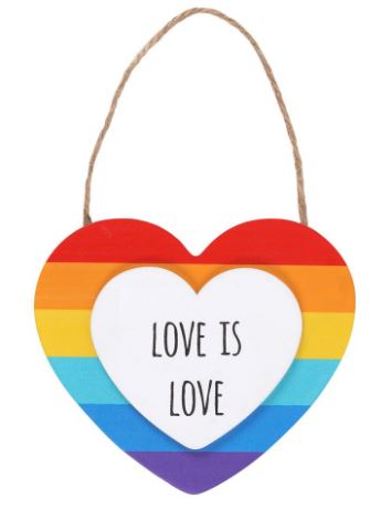 Wooden hanging heart gay pride rainbow coloured- Love is Love