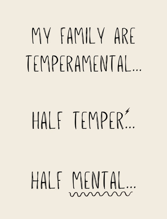Mini metal sign.  My family are temperamental - half temper, half mental