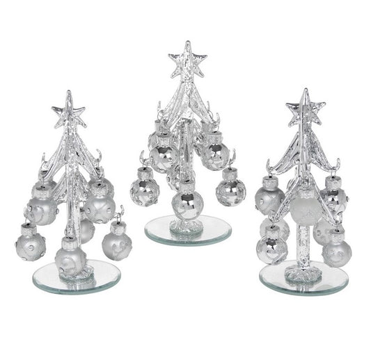 Glass Christmas tree and baubles - silver tree with silver baubles small