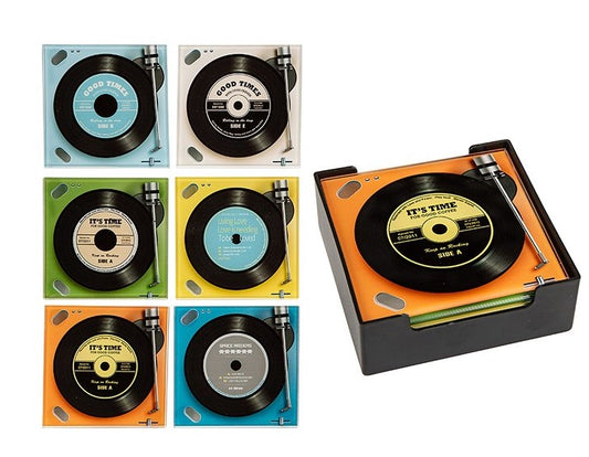 Square glass coasters - Record player set of 6