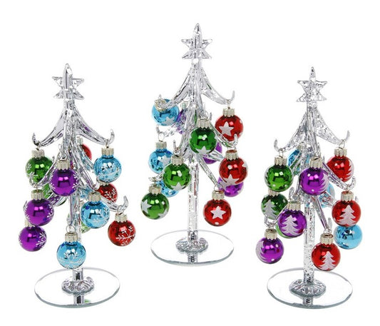 Glass Christmas tree and baubles - silver tree with decorated multi coloured baubles lg