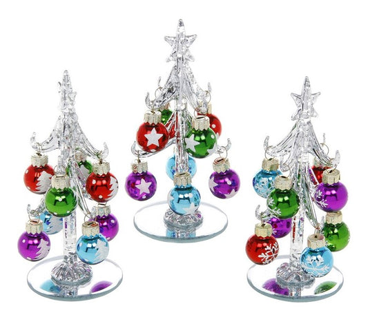 Glass Christmas tree and baubles - silver tree with decorated multi coloured baubles small