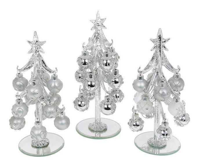 Glass Christmas tree and baubles - silver tree with silver baubles Large