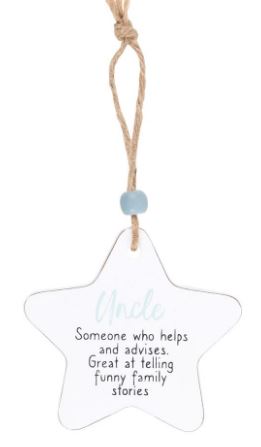 Hanging wooden star - Uncle.  Someone who helps and advises. Great at telling funny family stories