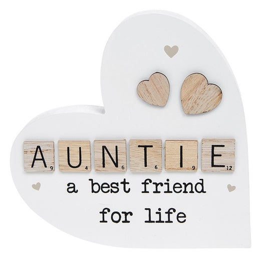 Scrabble Sentiments Wooden Standing Heart. AUNTIE, a best friend for life