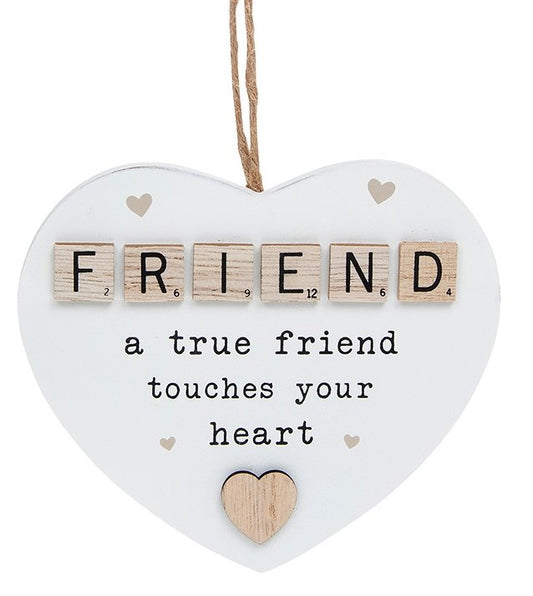 Scrabble Sentiments hanging heart.  FRIEND. A true friend touches your heart