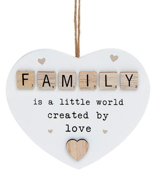 Scrabble Sentiments hanging heart.  FAMILY, is a little world created by love